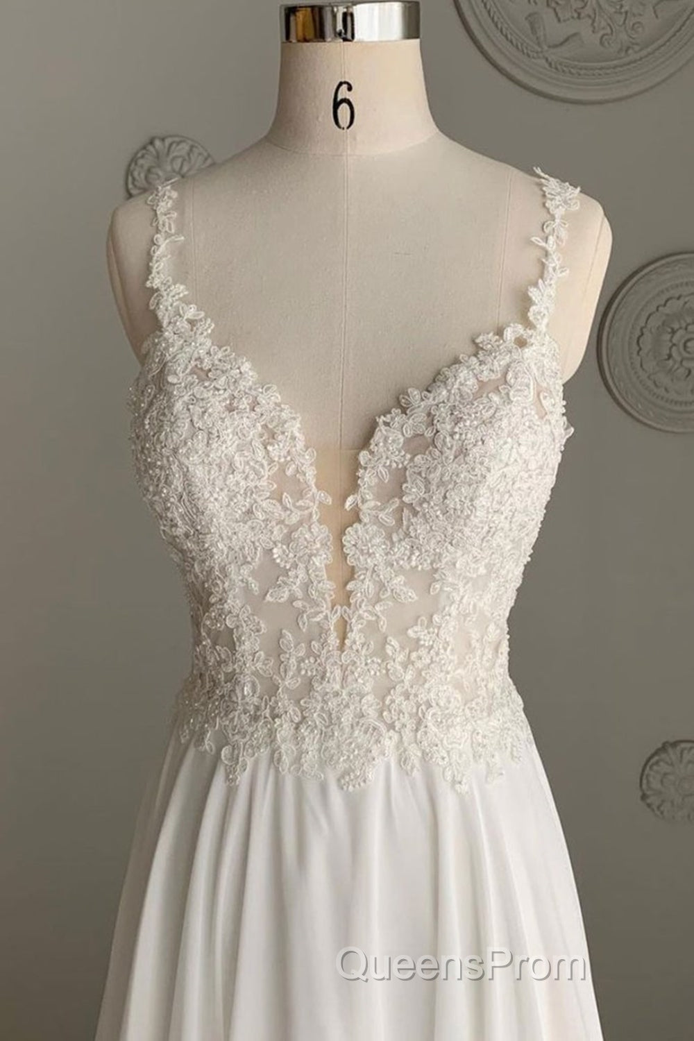 Deep V Neck White Lace Long Evening Prom Dress, Long White Formal Dress, White Lace Evening Dress, White Bridesmaid Dress