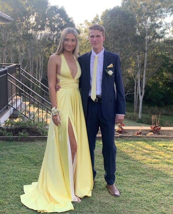 Deep V Neck Yellow A Line Long Classy Prom Dress With Slit Main image