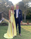 Deep V Neck Yellow A Line Long Classy Prom Dress With Slit