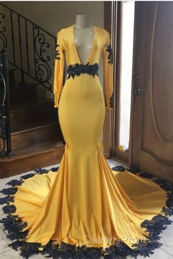 Deep V Neck Yellow Evening Prom Dress Black Lace Applique Evening Gown Secondary image