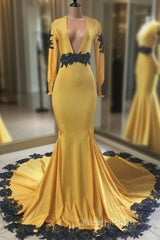 Deep V Neck Yellow Evening Prom Dress Black Lace Applique Evening Gown