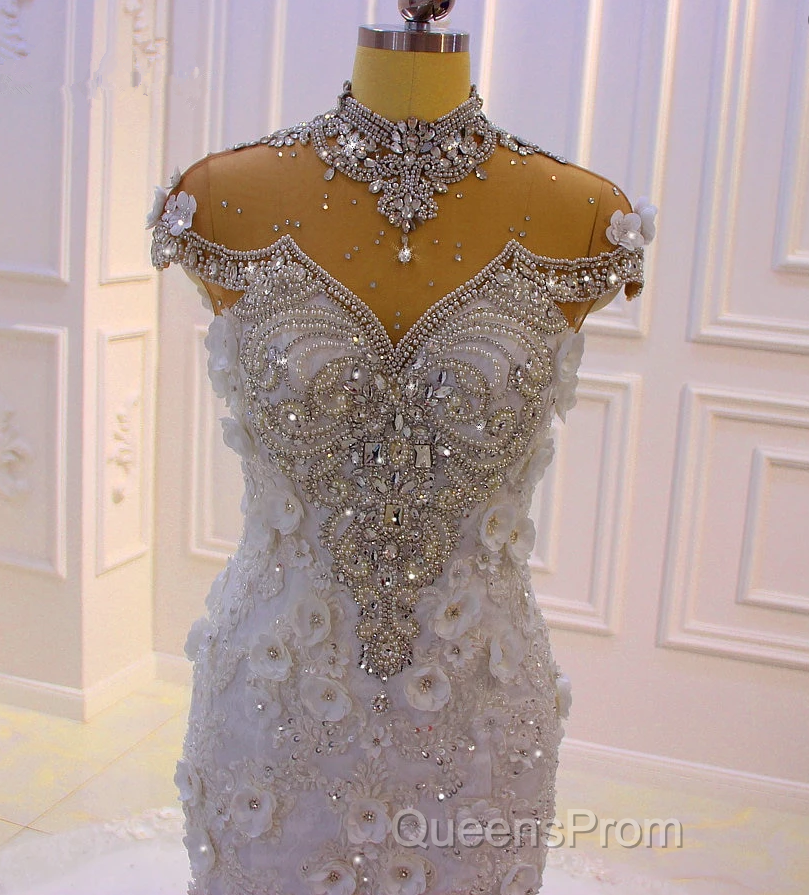 Delicate Sleeveless Beading Sheer Tulle Appliques Mermaid Sparkling Wedding Dress