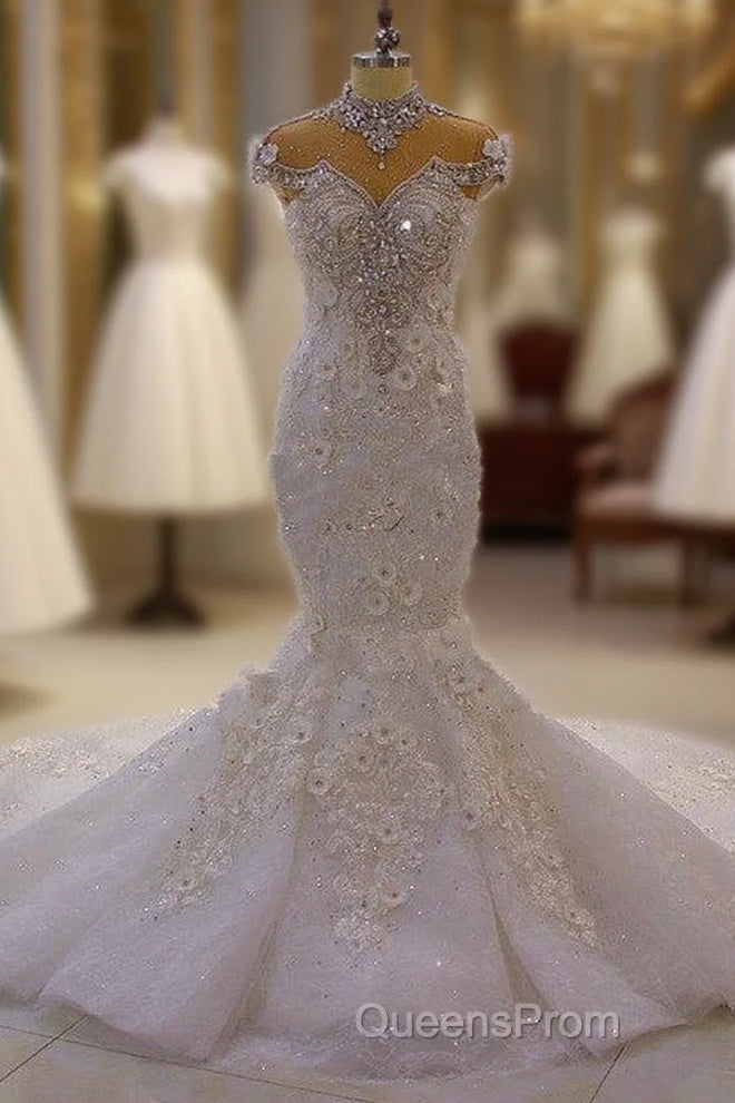 Delicate Sleeveless Beading Sheer Tulle Appliques Mermaid Sparkling Wedding Dress Main image
