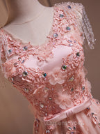 Delicate V-Neck Pink With Rhinestones Lace Appliques Evening Prom Dress
