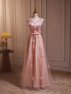 Delicate V-Neck Pink With Rhinestones Lace Appliques Evening Prom Dress