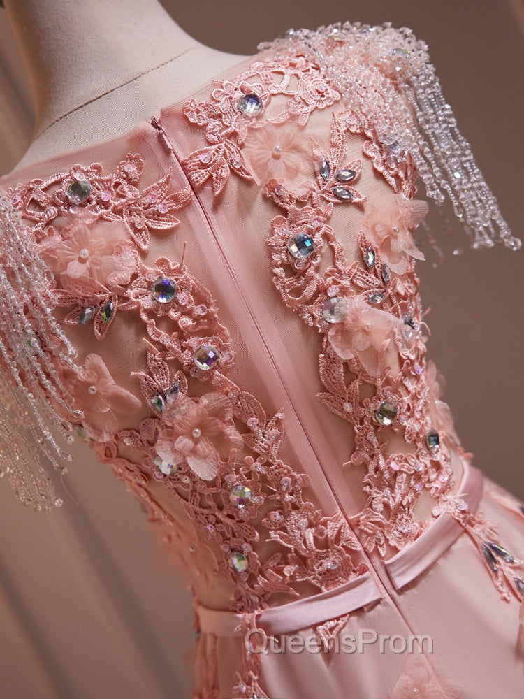 Delicate V-Neck Pink With Rhinestones Lace Appliques Evening Prom Dress