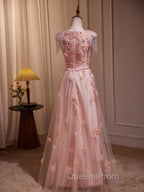 Delicate V-Neck Pink With Rhinestones Lace Appliques Evening Prom Dress