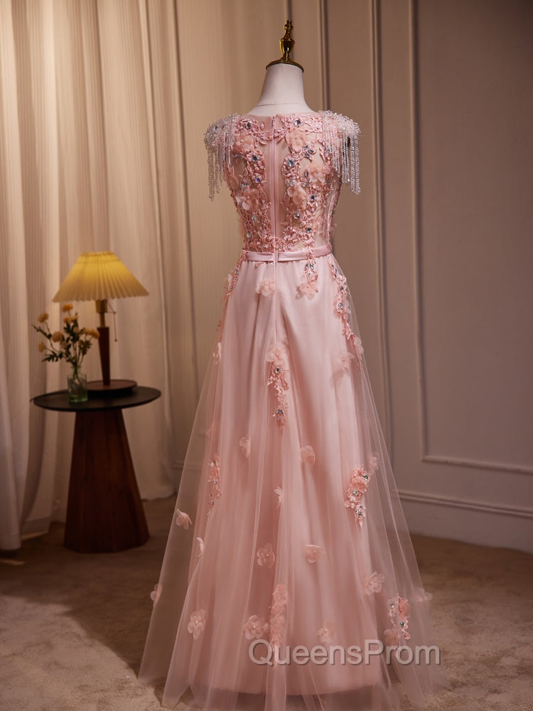 Delicate V-Neck Pink With Rhinestones Lace Appliques Evening Prom Dress