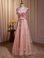 Delicate V-Neck Pink With Rhinestones Lace Appliques Evening Prom Dress