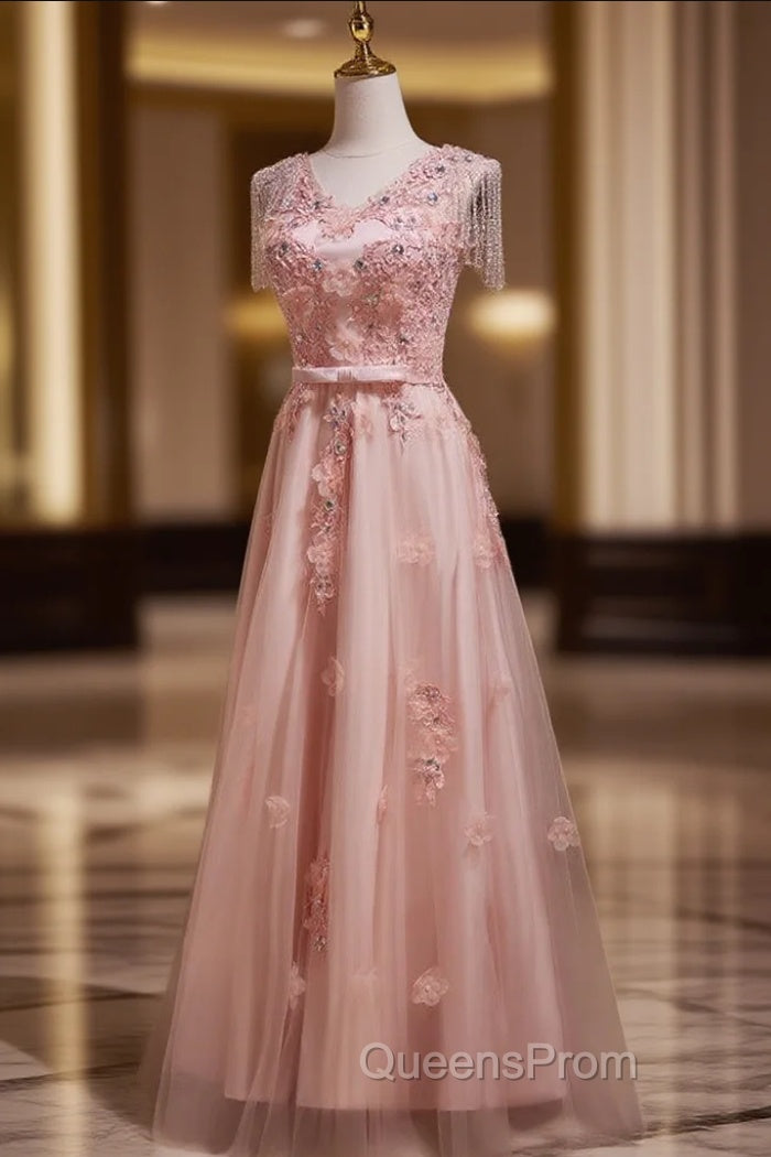 Delicate V-Neck Pink With Rhinestones Lace Appliques Evening Prom Dress