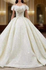 Demand Attention In Luxury Champagne Ball Gown Tulle Beading Sequins Off the Shoulder Wedding Dress