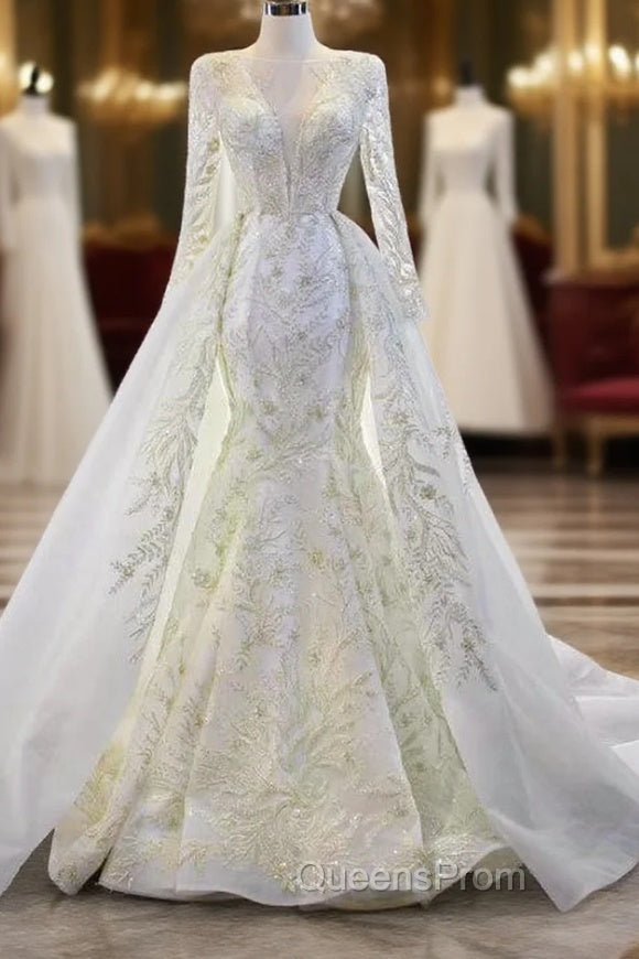 Demand Attention In White Mermaid Tulle Beading Long Sleeve Wedding Dress With Removable Train Main image