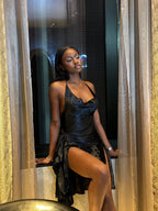 Designer Black Low-Cut Slit 21St Birthday Homecoming Dress