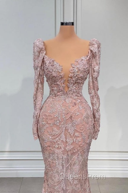Designer Pink V-neck Lace Mermaid Evening Prom Dress Evening Gowns With Long Sleeves Secondary image