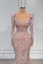 Designer Pink V-Neck Lace Mermaid Prom Dress Evening Gowns With Long Sleeves