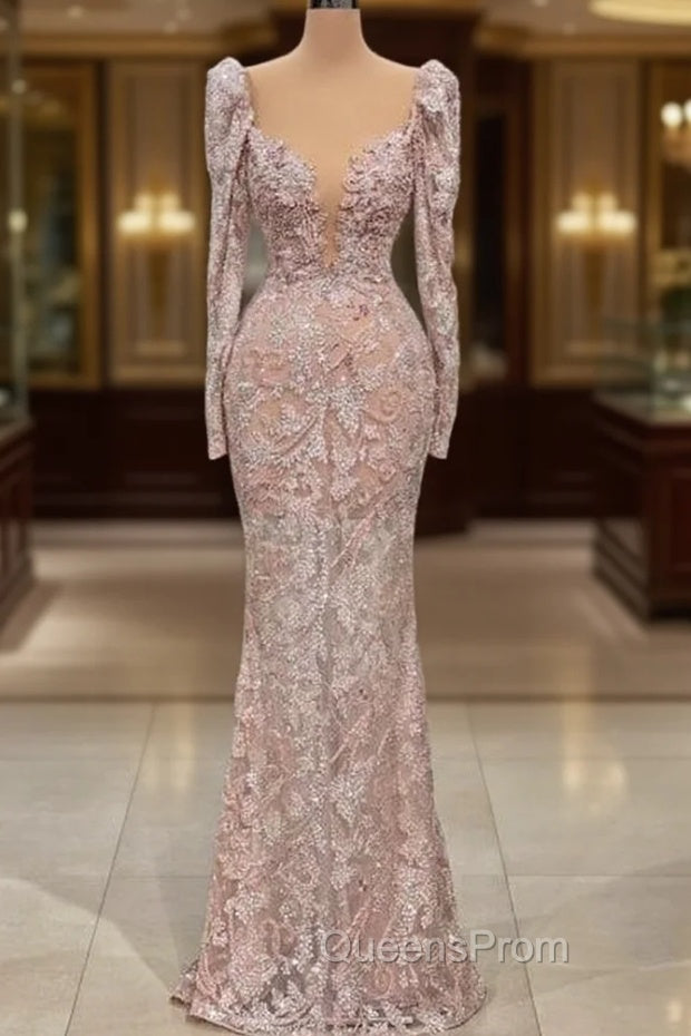 Designer Pink V-neck Lace Mermaid Evening Prom Dress Evening Gowns With Long Sleeves