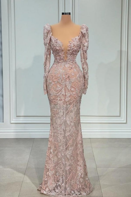 Designer Pink V-Neck Lace Mermaid Prom Dress Evening Gowns With Long Sleeves