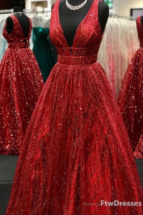 sparkly deep v neck long prom dresses Main image