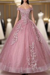 Discover The Latest Pink Ball Gown Tulle Appliques Off the Shoulder Pearls Quinceanera Dress