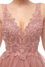 Double V-Neck Beaded Applique Layered Tulle Prom Dresses