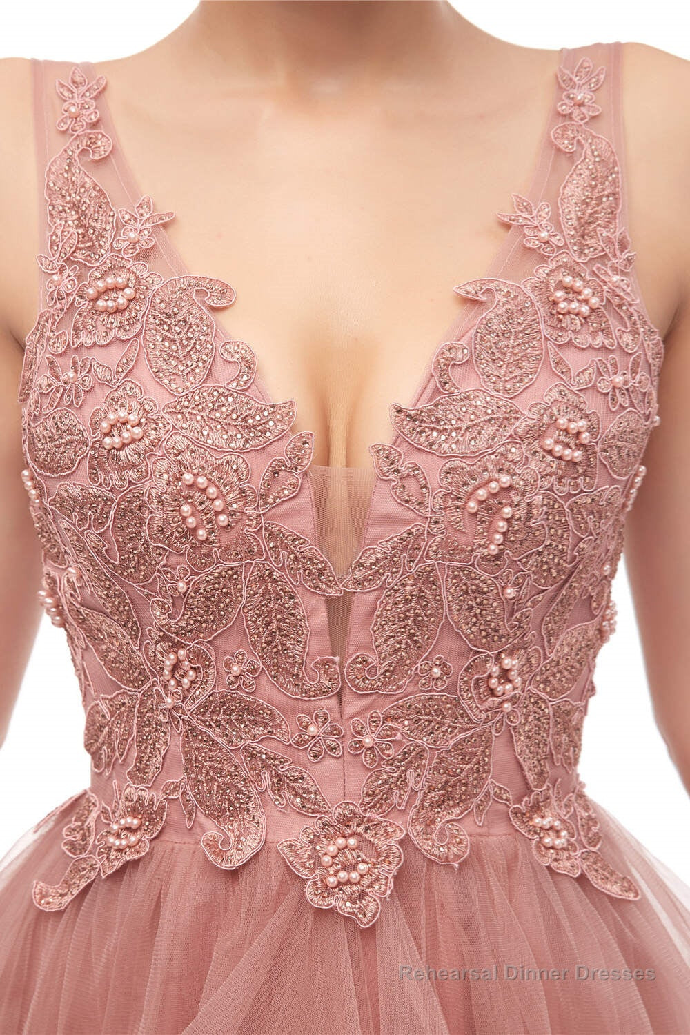 Double V-Neck Beaded Applique Layered Tulle Prom Dresses