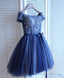 Blue Lace Off Shoulder Short Prom Dress, Blue Evening Dress