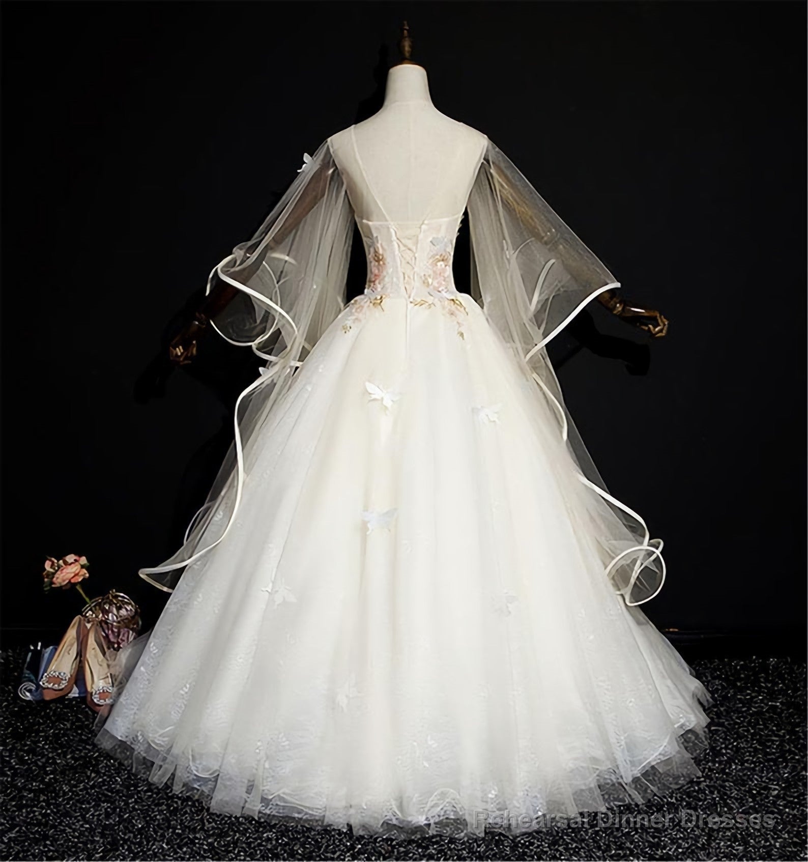 Soft Yellow Quinceanera Dress, Fashion Puffy Prom Dress, Illusion Sleeves Bridal Gown Corset Wedding Gown Butterfly Appliques Bridal Dress