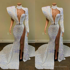 Gorgeous Sequin Long Mermaid Prom Dresses, 2025 Sexy High Slit Sheer High Neck Single Long Sleeve African Black Girl Prom Dress