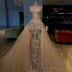 Gold Detachable Sequins Prom Dress, Sheath Fashion Lace Evening Dresses, 2025 Party Dresses, Custom Make Formal Dress