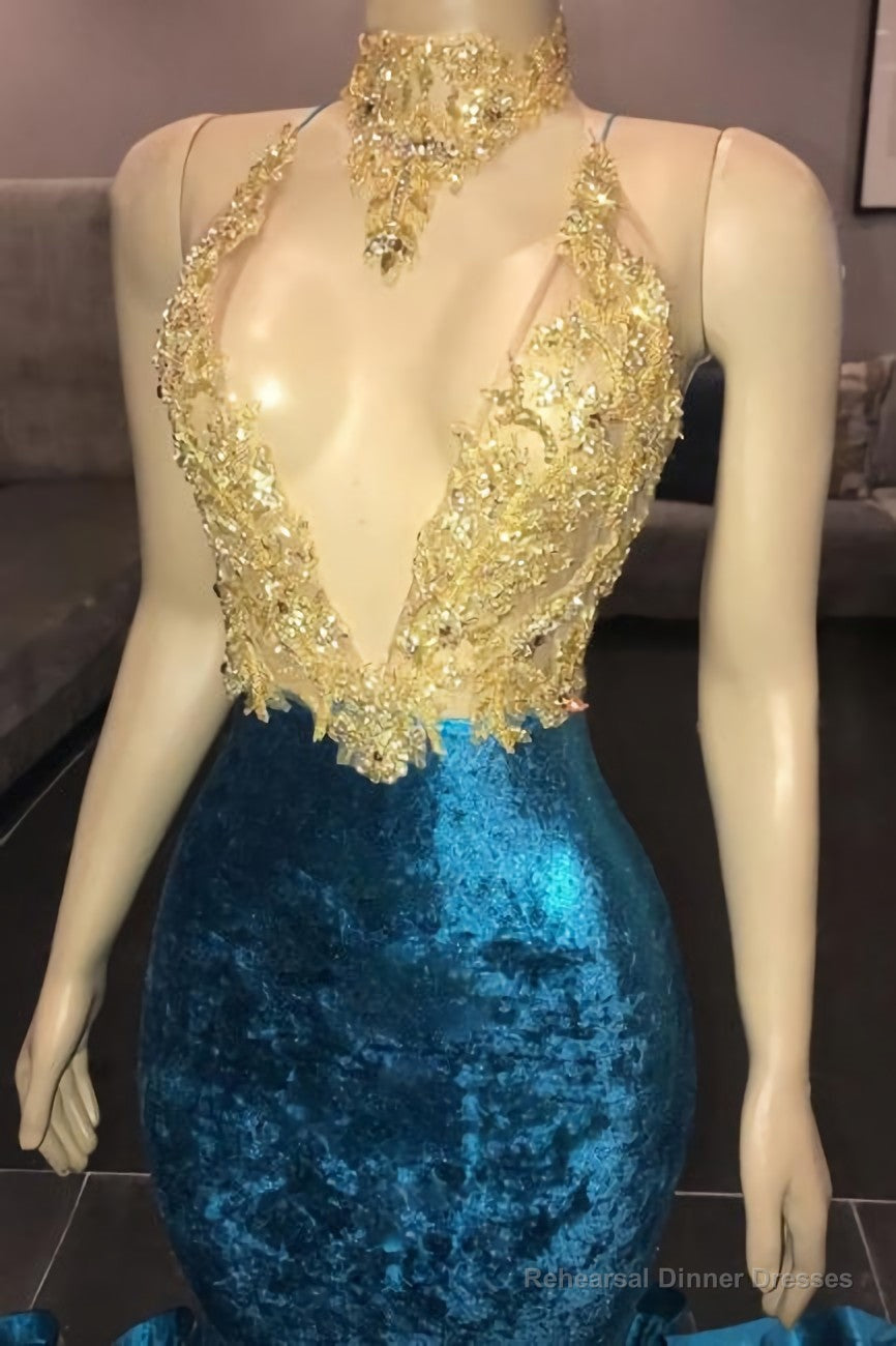 V Neck Appliques Spaghetti Straps Velvet Royal Blue Mermaid Prom Dresses Secondary image