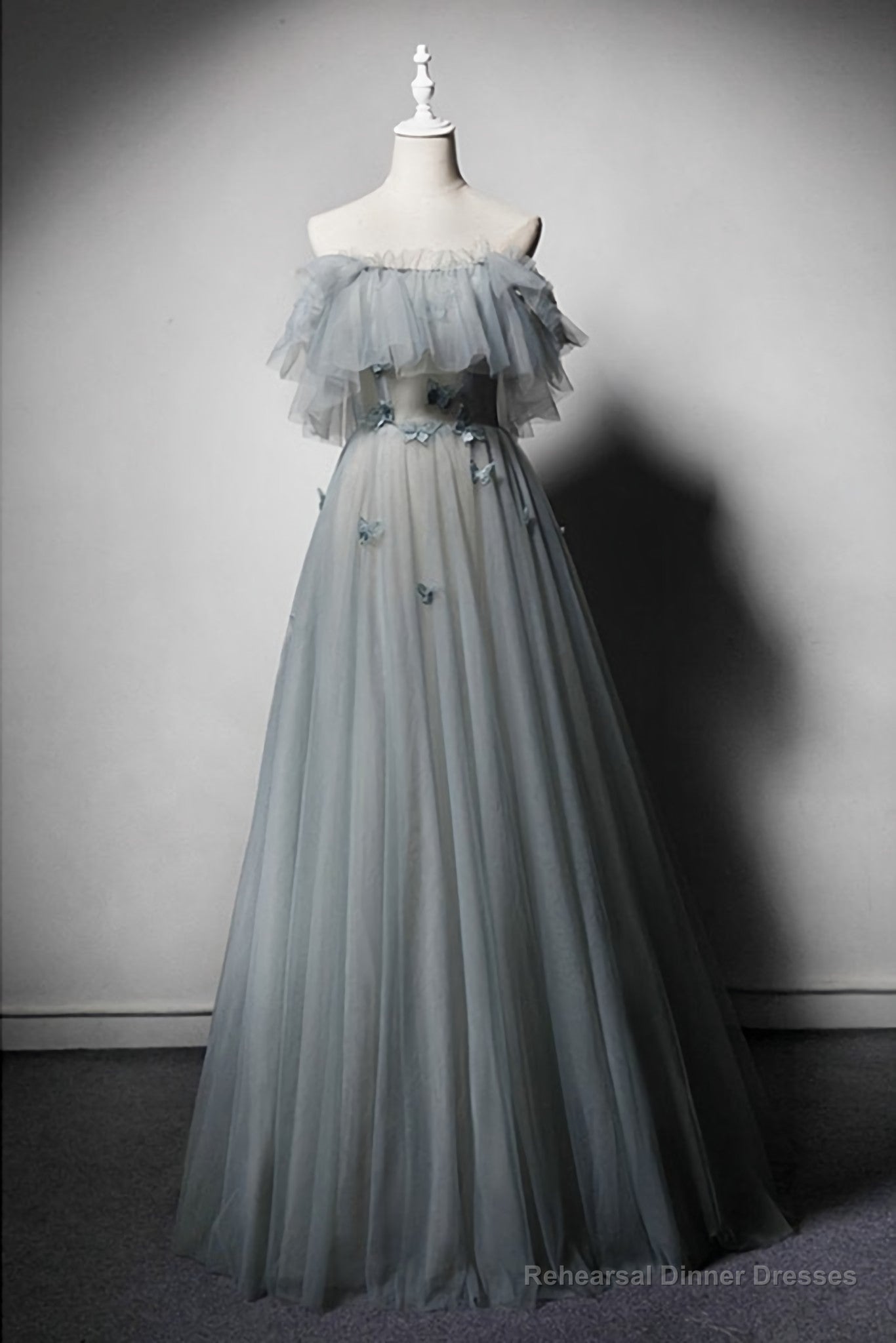 Green Gray Tulle Off Shoulder Custom Size Long Senior Prom Dress, Evening Dress Main image
