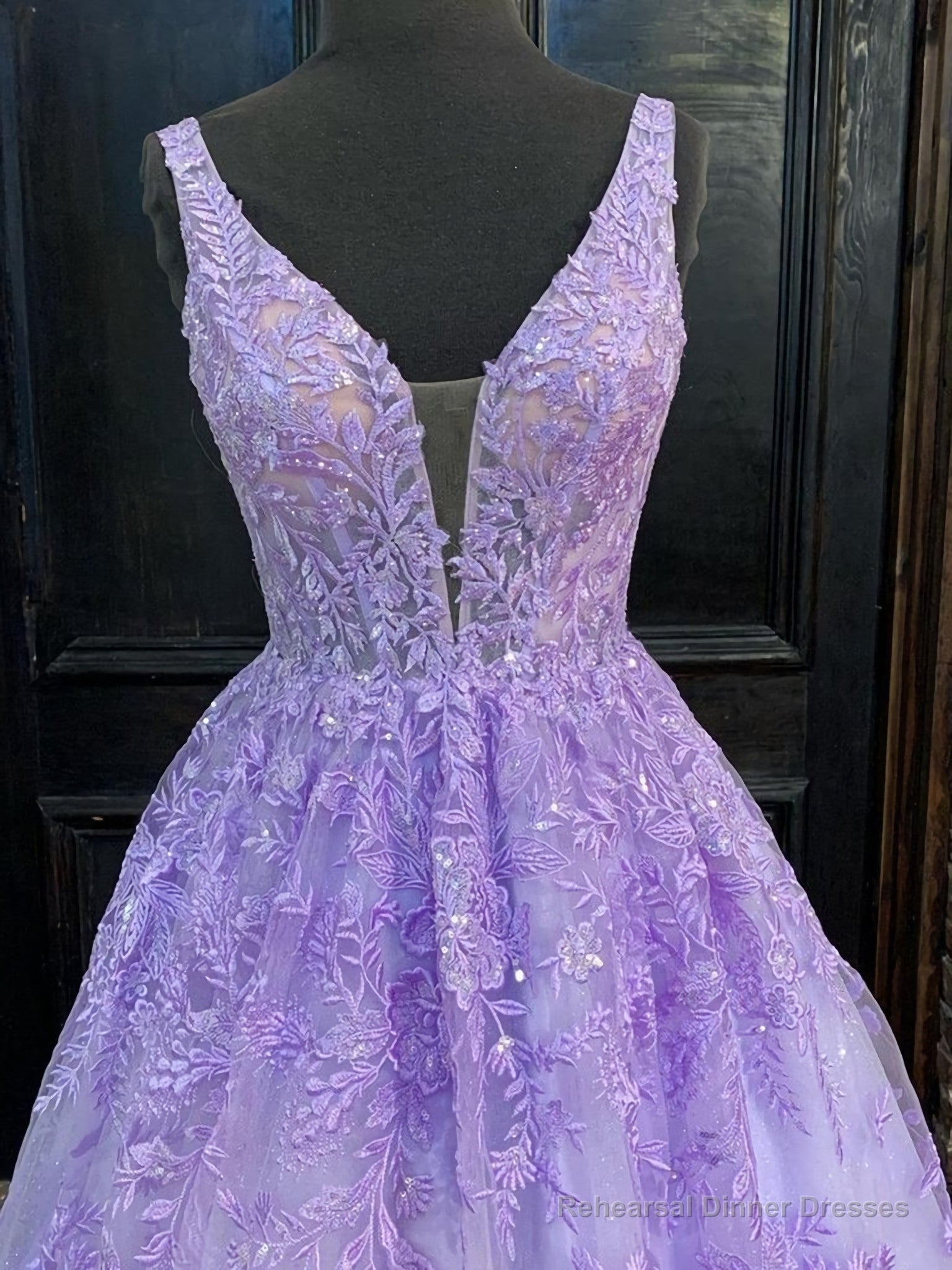 Deep V Neck Purple Lace Long Prom Dresses, Purple Lace Formal Graduation Evening Dresses Secondary image