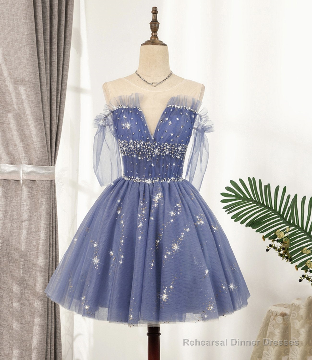 Blue Tulle Sequins Short A Line Homecoming Dress, Party Dress Main image