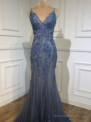 Delicate Shining V Neck Mermaid Prom Dresses With Beaded Appliques