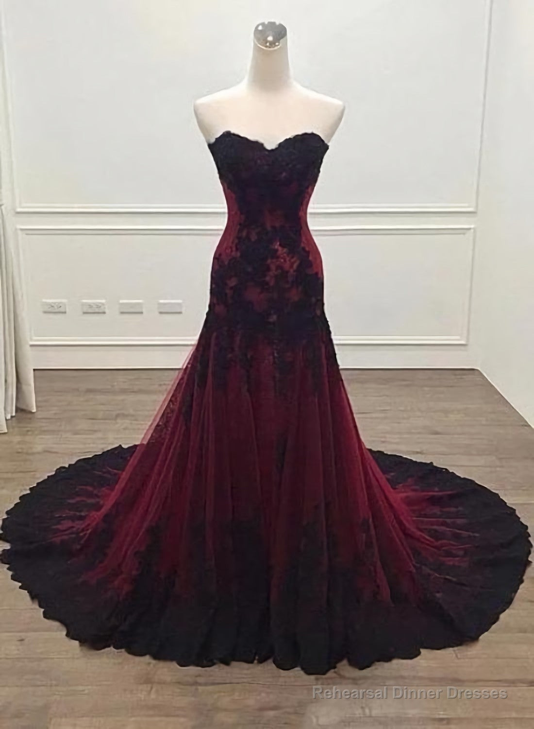Black And Red Sweetheart Tulle With Lace Glam Evening Gown Party Dress, Long Formal Dress Main image