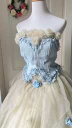 Dreamy Blue And Yellow Color-Blocked Strapless Tulle Ball Gown Prom Dress Sweet 16Th Dress