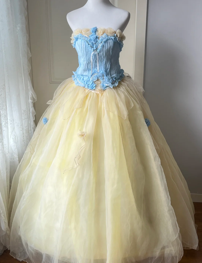 Dreamy Blue And Yellow Color-Blocked Strapless Tulle Ball Gown Prom Dress Sweet 16Th Dress