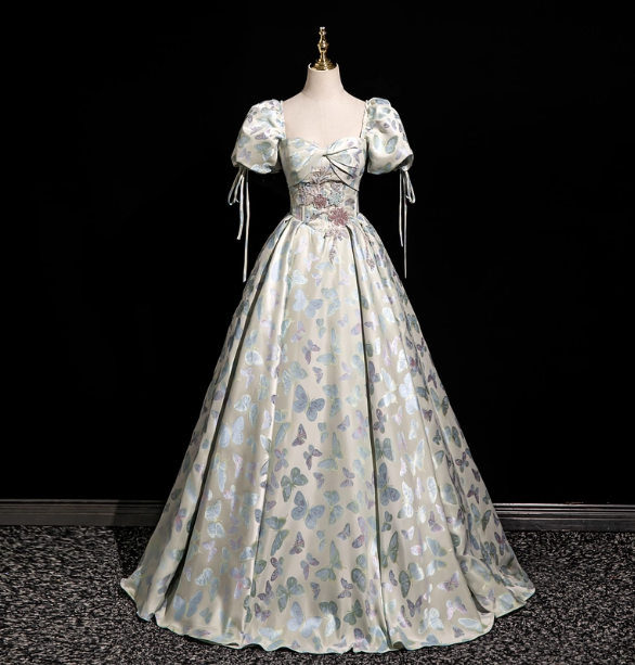 Dreamy Butterfly Jacquard Square Neck Puff Sleeve Satin Long Ball Gown Prom Dress Sweet 16 Dress