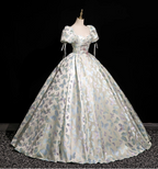 Dreamy Butterfly Jacquard Square Neck Puff Sleeve Satin Long Ball Gown Prom Dress Sweet 16 Dress