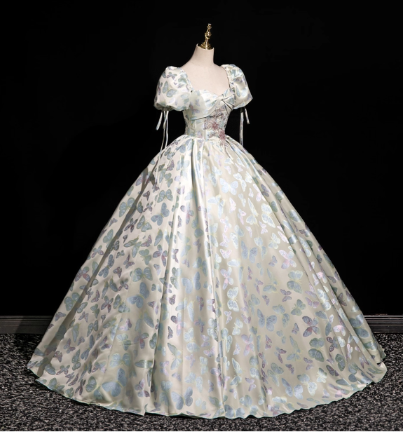 Dreamy Butterfly Jacquard Square Neck Puff Sleeve Satin Long Ball Gown Prom Dress Sweet 16 Dress