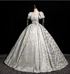 Dreamy Butterfly Jacquard Square Neck Puff Sleeve Satin Long Ball Gown Prom Dress Sweet 16 Dress