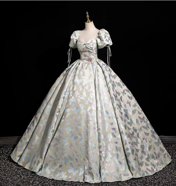 Dreamy Butterfly Jacquard Square Neck Puff Sleeve Satin Long Ball Gown Prom Dress Sweet 16 Dress