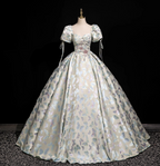 Dreamy Butterfly Jacquard Square Neck Puff Sleeve Satin Long Ball Gown Prom Dress Sweet 16 Dress