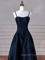 Dreamy Dark Blue Spaghetti Straps Satin Evening Prom Dress
