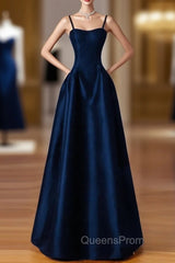 Dreamy Dark Blue Spaghetti Straps Satin Evening Prom Dress
