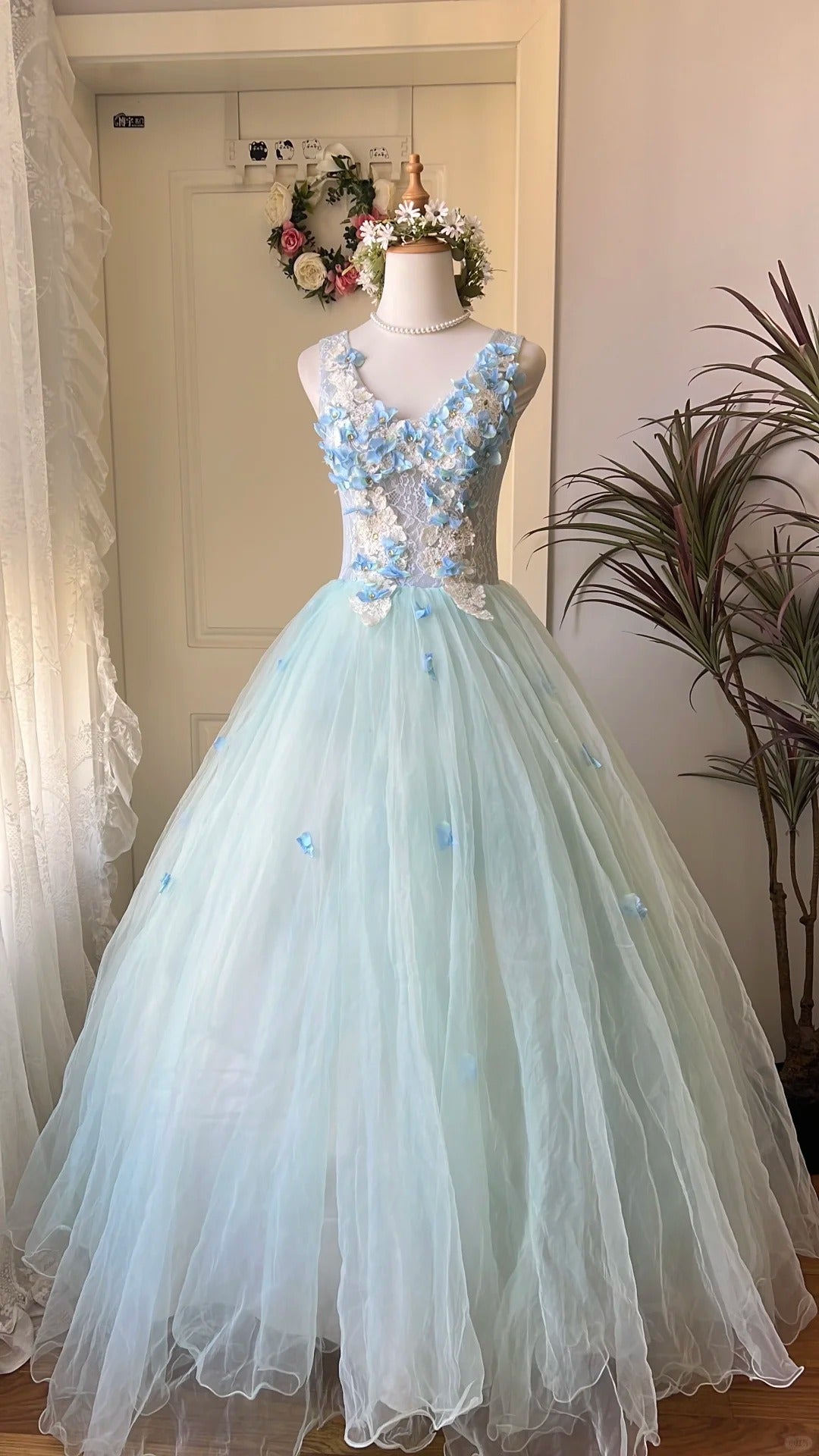Dreamy Flower Fairy Light Blue 3D Floral V-Neck Tulle Ball Gown Prom Dress Wedding Dress Secondary image