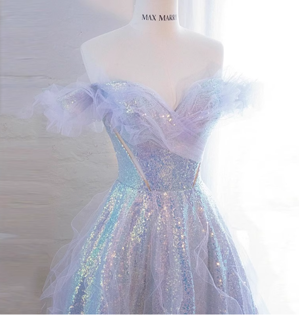 Dreamy Gradient Light Purple A-Line Off-The-Shoulder Iridescent Sequined Tulle Long Classy Prom Dress Secondary image