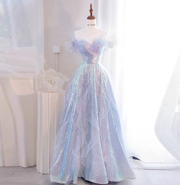 Dreamy Gradient Light Purple A-Line Off-The-Shoulder Iridescent Sequined Tulle Long Classy Prom Dress