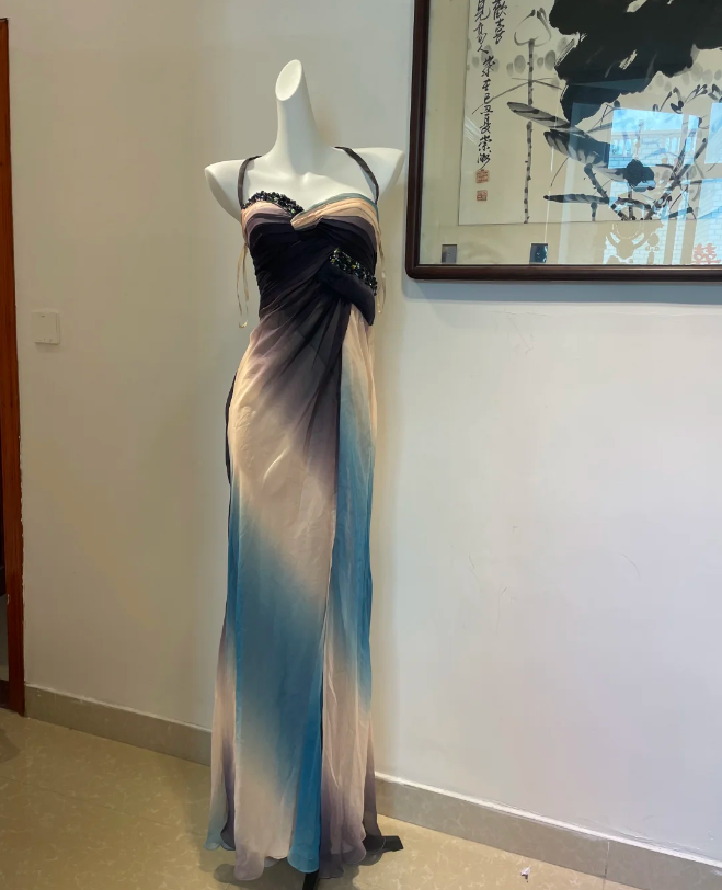 Dreamy Gradient Mermaid Halter Neck Beaded Chiffon Long Classy Prom Dress