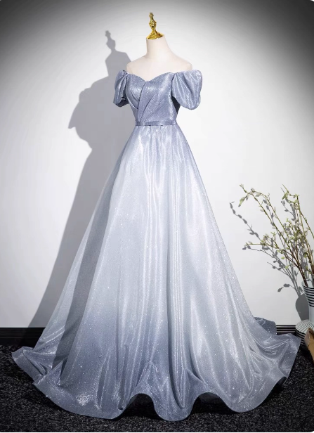 Dreamy Gradient Silver-Gray Puff Sleeve Glitter Satin Long Classy Prom Dress